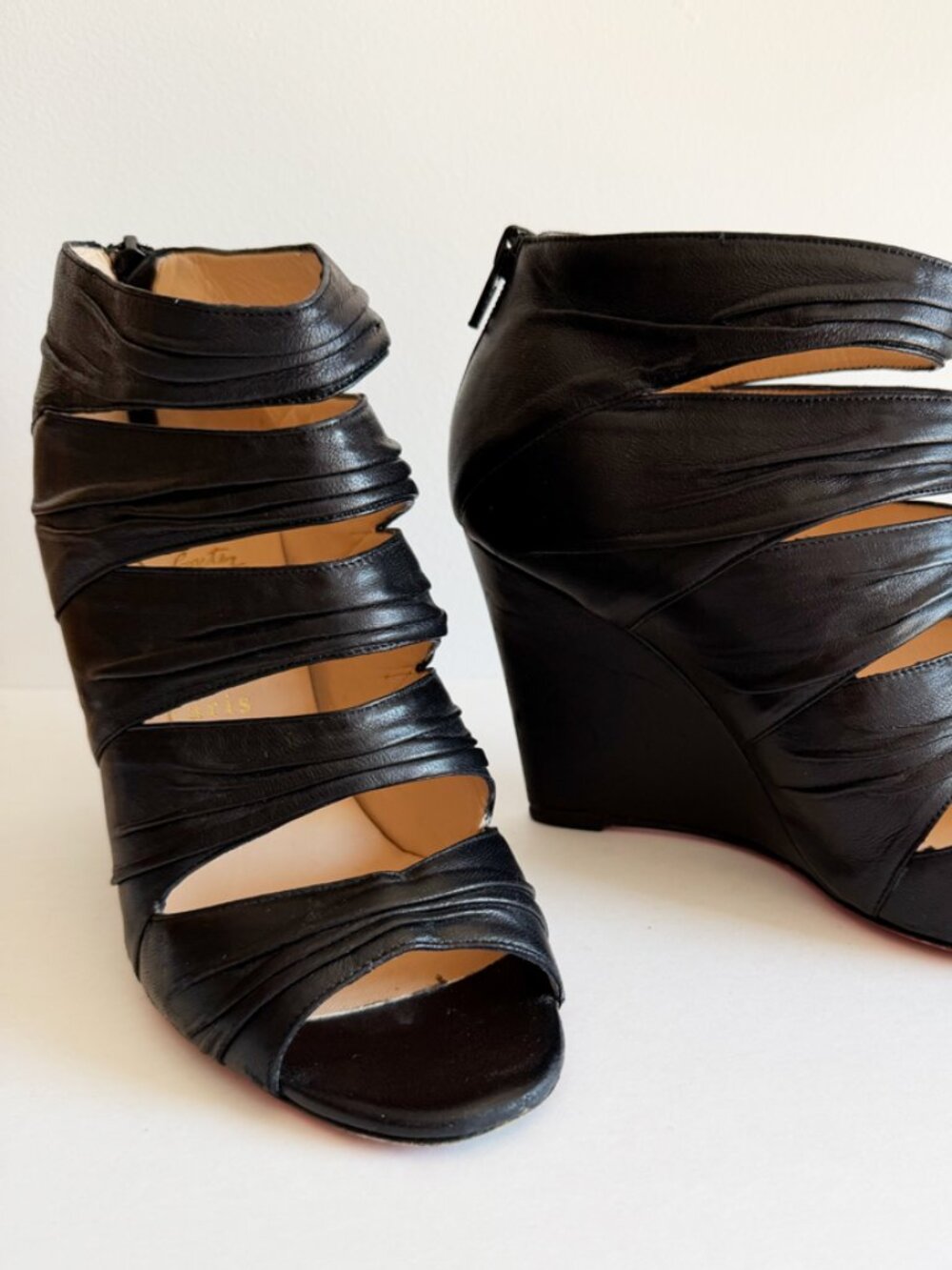 Christian Louboutin Black Leather Cutout Wedge Bootie | Peep Toe | EU 37